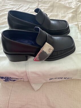 Burberry Black Leather Silver-Buckle Slip-On Loafers